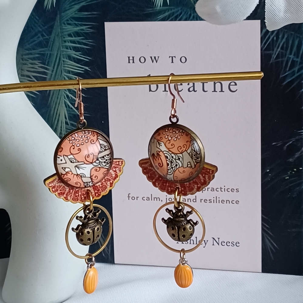 Fantasy Japanese Fan and Insect Earrings